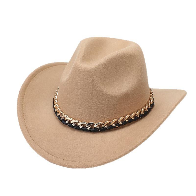 Warped edge gold chain belt Western cowboy hat Women's outdoor crimped riding hat European and American style jazz hat Men's top hat
