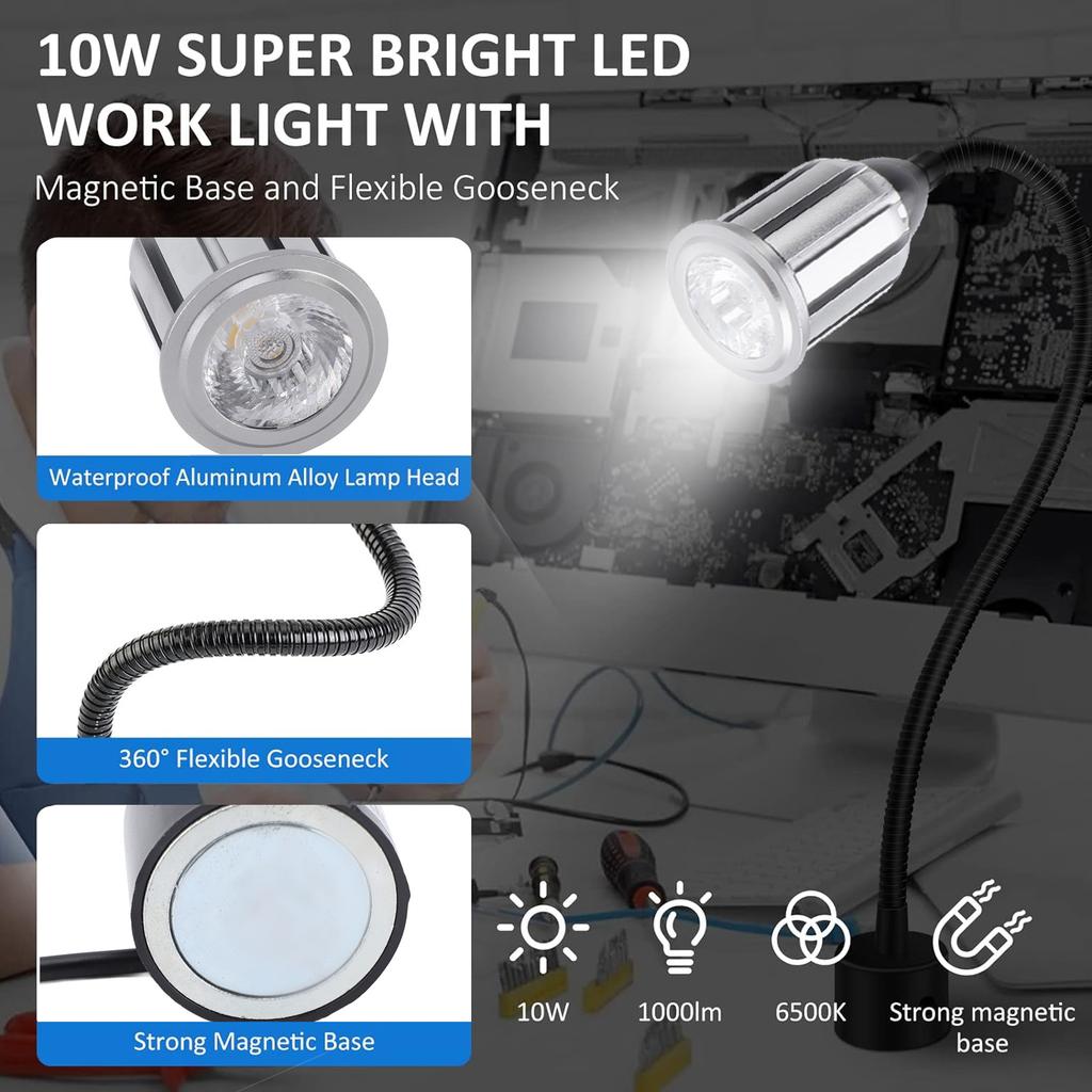 10W LED Machine Work Light with Flexible Gooseneck and Magnetic Base 1000LM 6500K Shop Tool Lamp for Work Bench Sewing Machine