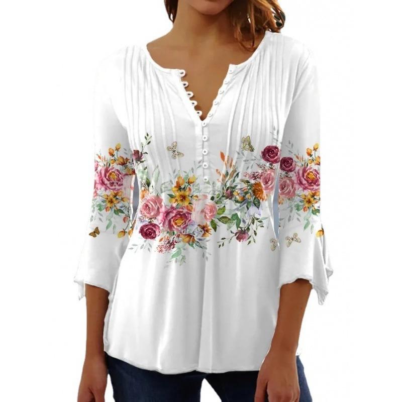 Spring and Summer New Women's Floral Print V-neck Short Sleeved Pleated Button Down T-shirt Base Shirt