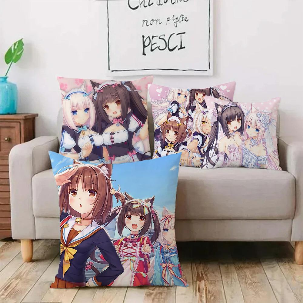 Anime N-Nekoparas Pillow Covers Cartoon Sofa Decorative Home Double-sided Printing Short Plush Cute Cushion Cover