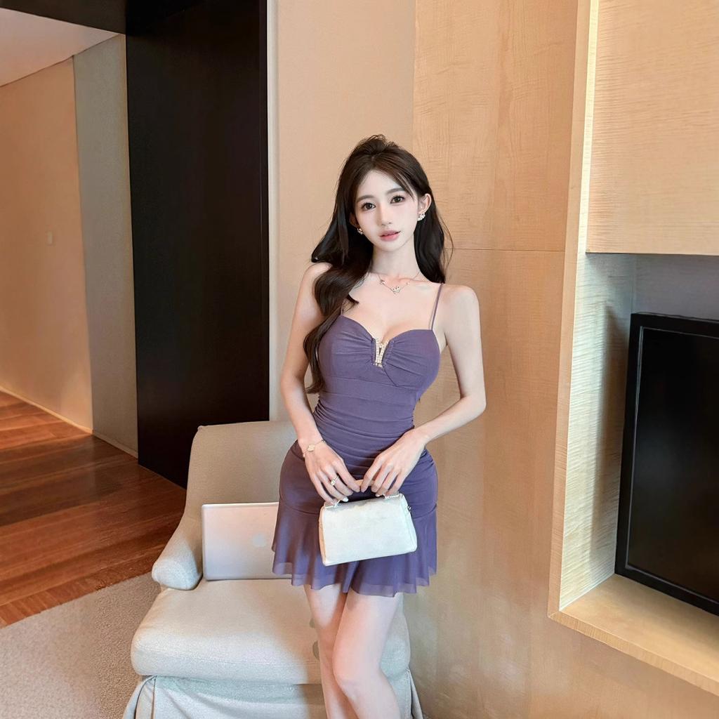 Damenkleidung Arbeitskleidung Geschäft sexy tiefer V-Ausschnitt Taille dünn Netz Fischschwanz Trägerkleid