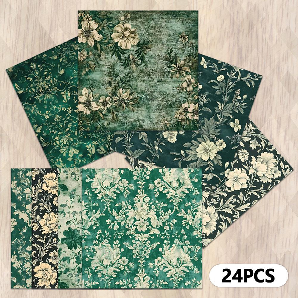 24pcs, Vintage Green Floral Theme Scrapbook Paper, A5 Size, DIY Journals, Material Paper, Patchwork, Photo Albums, Handbooks