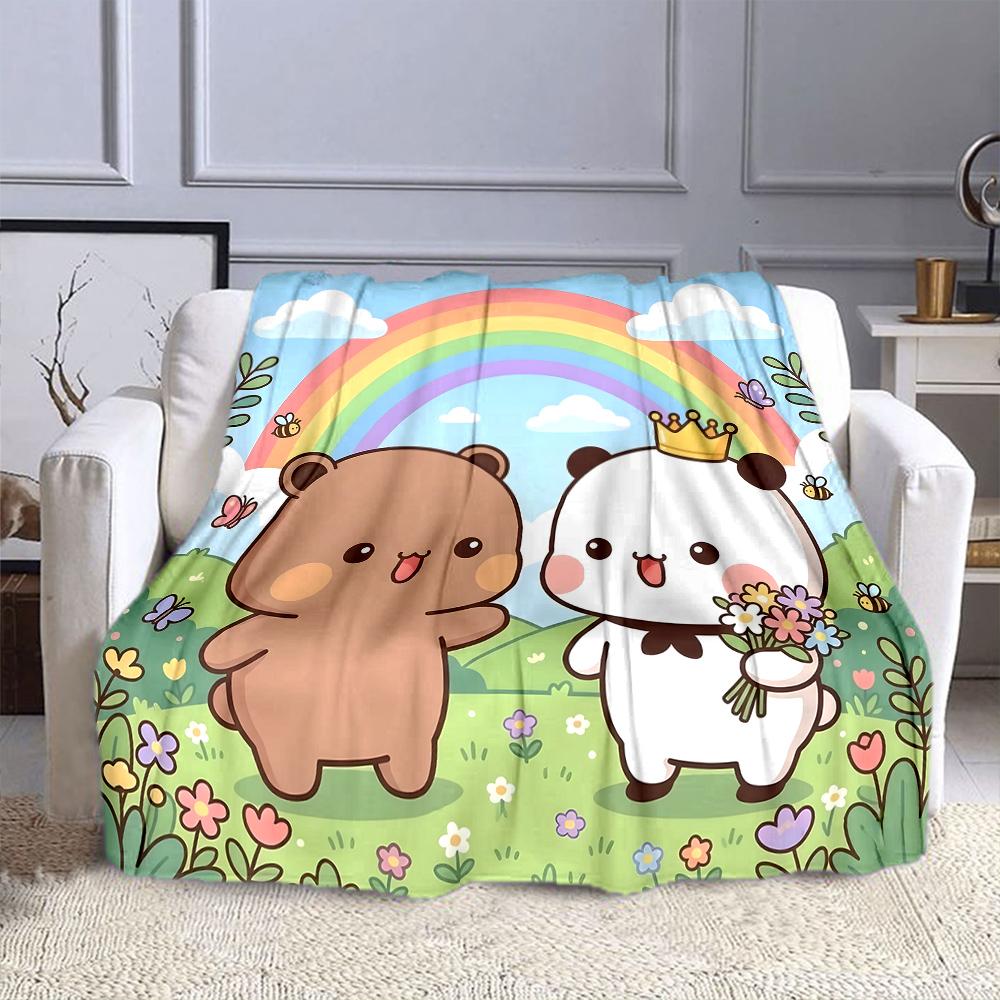 Cute Bear and Panda with Rainbow Scene Patterned flannel blanket perfect for the bedroom living room, sofa, or a little nap