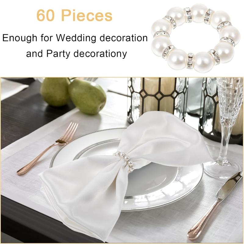 M-Modern-60Pcs Pearl Napkin Rings Imitation Pearl Beaded Rhinestone Napkin Ring Holder Napkin Rings Serviette Napkin Rings