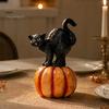 Black Cat Sculpture with Pumpkin Halloween Ornament, Vintage Wood Carving Style Indoor Holiday Tabletop Accents Resin Figurine, Spooky Decor for Home