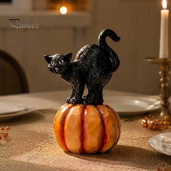 Black Cat Sculpture with Pumpkin Halloween Ornament, Vintage Wood Carving Style Indoor Holiday Tabletop Accents Resin Figurine, Spooky Decor for Home