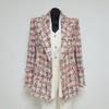Style Latte Women Pastel Check Pattern Fringe Tweed Jacket Pearl Button