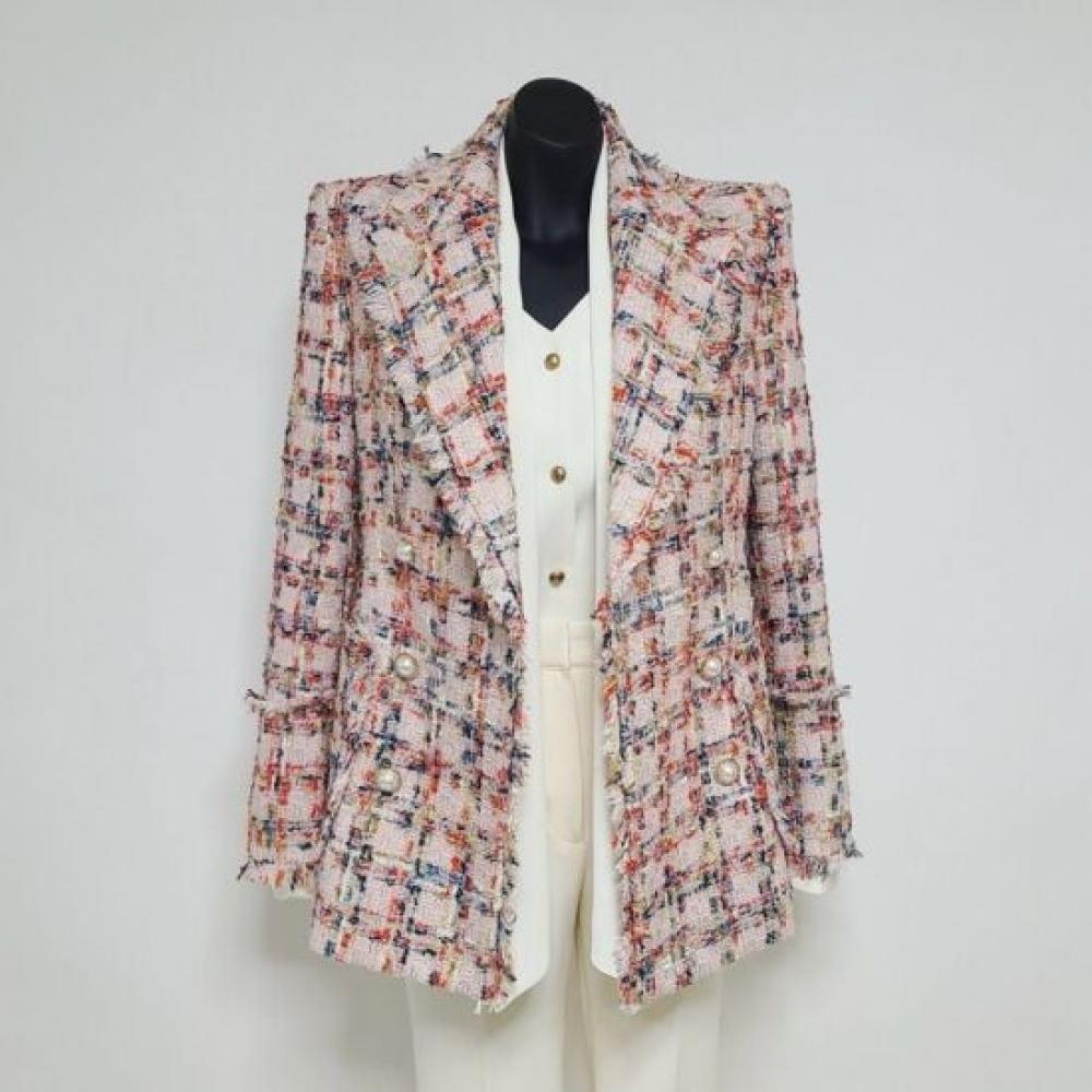 Style Latte Women Pastel Check Pattern Fringe Tweed Jacket Pearl Button
