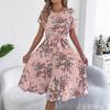 Damen Blumenmuster Fledermausärmel Bindegürtel Falten Schwingendes Midi-Kleid Lässiges Sommerkleid