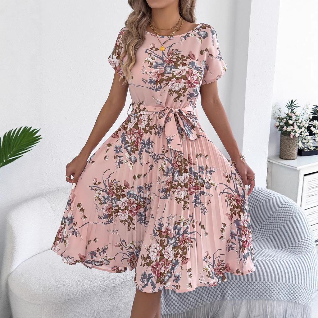 Damen Blumenmuster Fledermausärmel Bindegürtel Falten Schwingendes Midi-Kleid Lässiges Sommerkleid