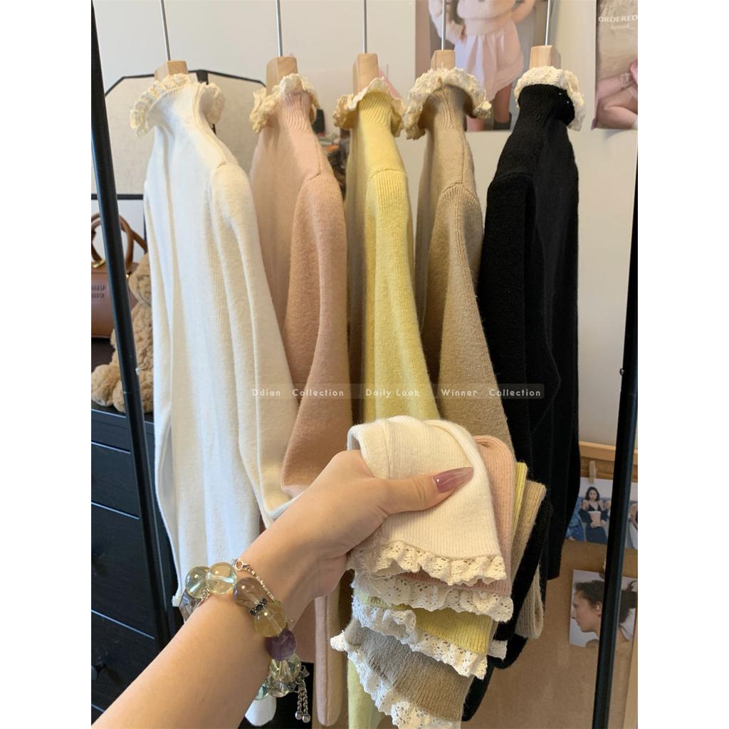 Autumn and Winter Lace Fungus Edge Semi-turtleneck Knitted Bottoming Shirt Women's Soft Waxy Sweater Temperament Simple Inner Top