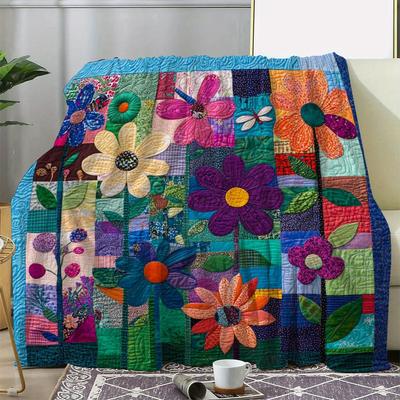 Colorful Floral Print Patchwork Flannel Quilt - Bright, Soft, Warm Multi-use Blanket for Couch, Bed, Car, Office, Camping, Tra