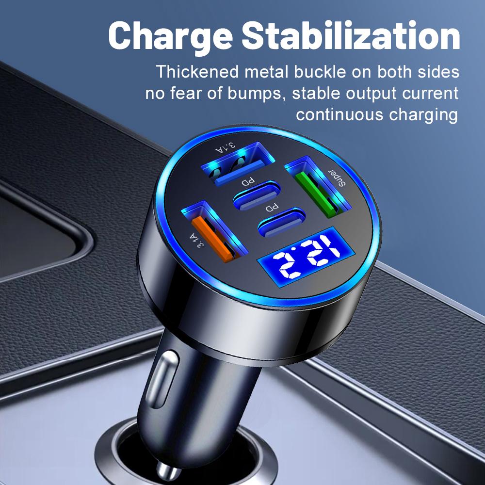 100W Car Charger Fast Charging 5 Port with Digital Display Flash Charger For iPhone Samsung Xiaomi Multi Port Cigarette Lighter