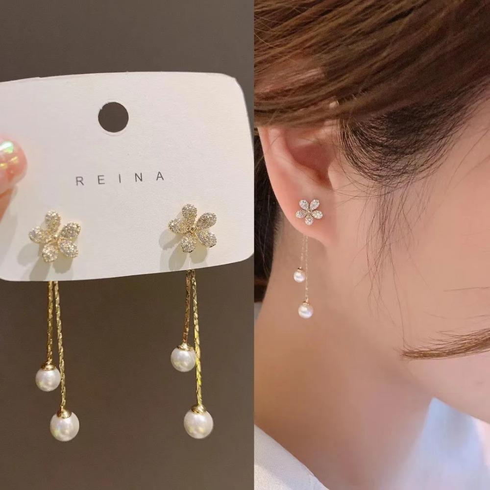 2025 New Trend Simulation Pearl Long Earrings Women's Flower Rhinestone Wedding Pendant Earrings Fashion Korean Jewelry Earrings