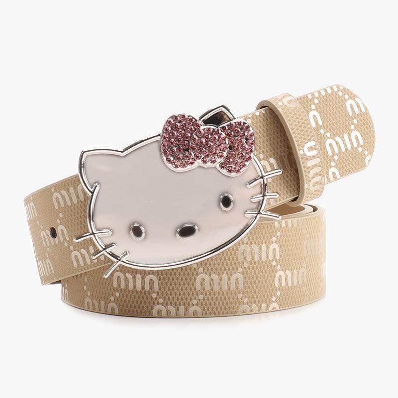 Metalowy Pasek Damski Hello Kitty z Nadrukiem Litery i Cyrkoniami do Codziennego i Eleganckiego Ubioru