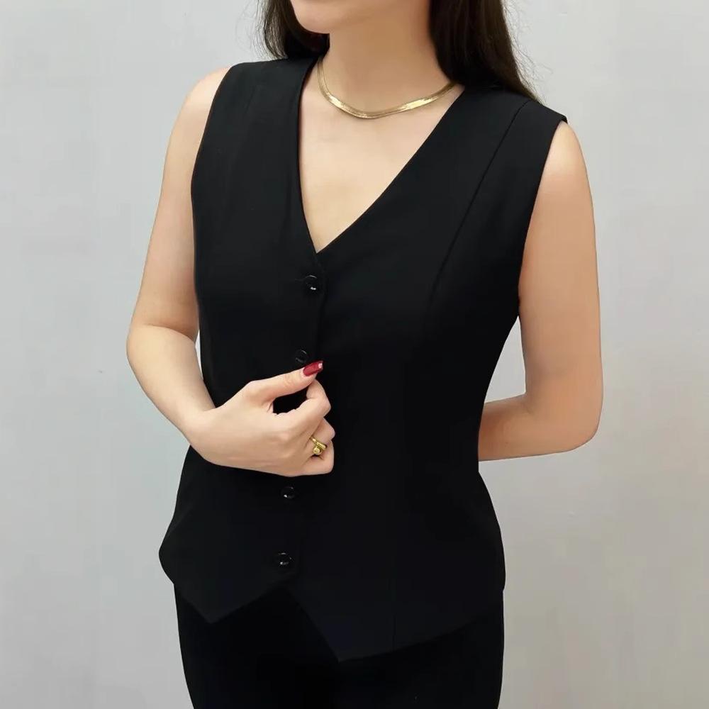 

Летний жилет с V-образным вырезом, женская мода для通勤, носить однотонный жилет на пуговицах и дышащий топ XL чёрный