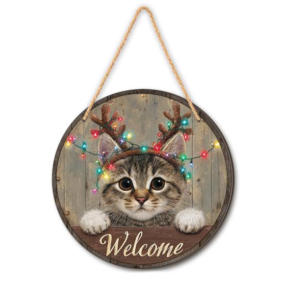 Wooden Door Sign Christmas Welcome Sign, Animal Round Hanging Decor, Cute Wall Art Farmhouse Ornament for Window Garden Holiday Decor Plaque