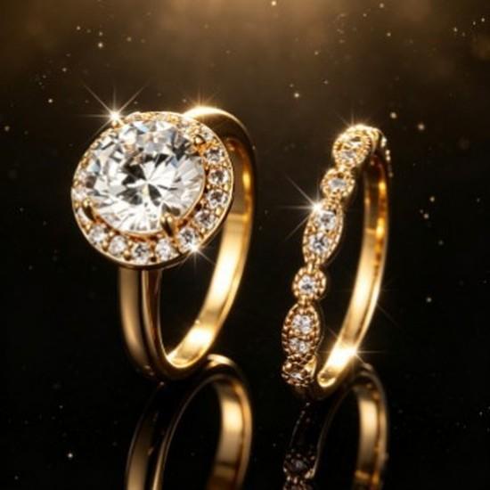 Round-cut halo ring with a central gemstone Light luxury diamond-studded stacking rings