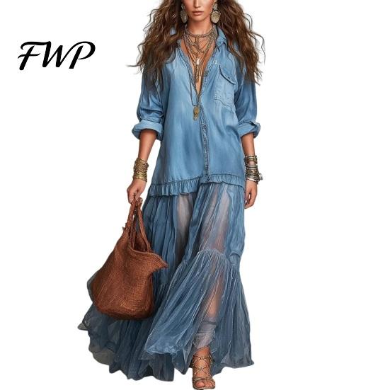 Flowy Mid-length Dress Women's Faux Denim Shirt Dress, Long Sleeve Mesh Patchwork V-neck Skirt Maxi Button Down Ruffle Sheer Loose Fit