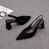 Baotou Sandals Summer Suede Shoes High Heels Sandals Pointed Back Strap Black New Middle Heel Single Shoes Light Mouth Fashion