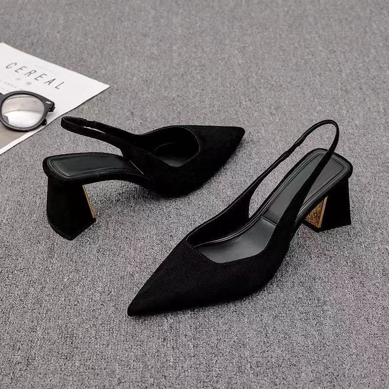 Baotou sandals summer suede shoes high heels sandals pointed back strap black new middle heel single shoes light mouth fashion