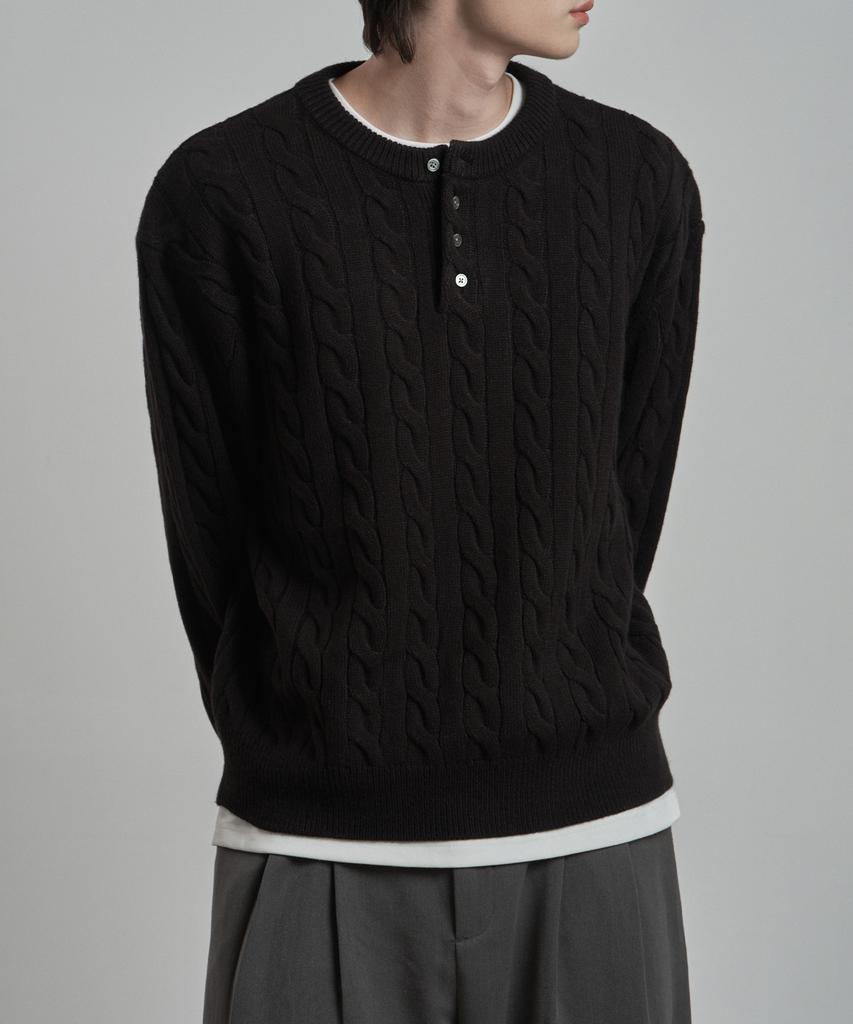 WORK ON BODY OFF Tord Semi-Overfit Cable Henley Neck Knit [Black]