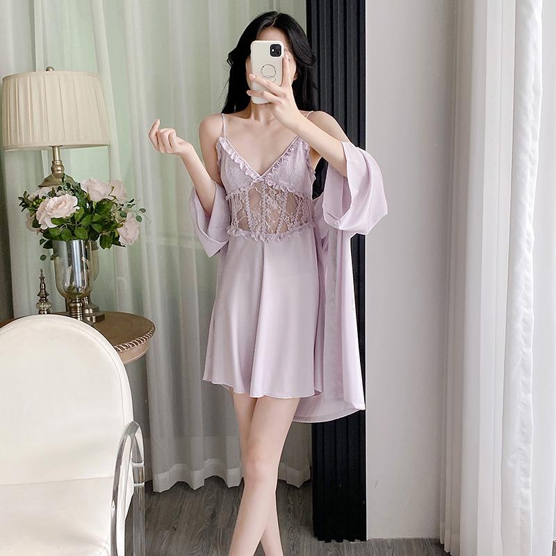 2025 Eisseide Damen Nachthemd Set: High-End, Langärmlig, Dünn, Zweiteilig, Europäischer & Amerikanischer Stil, Draußen tragbar