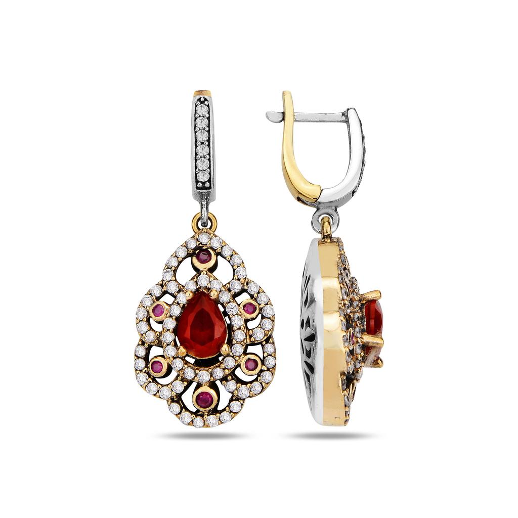 Ottoman Design Rubinstein Silber Schmuckset, türkisches handgefertigtes authentisches Schmuckset - Rubinring, Ohrring, Halskettenset im Vintage-Stil