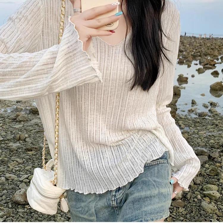 Solid Color V-neck Pit Stripe Base Knitted Sweater for Women In Summer Loose and Slim Fit Thin Cover Shirt with Lazy Top for Women