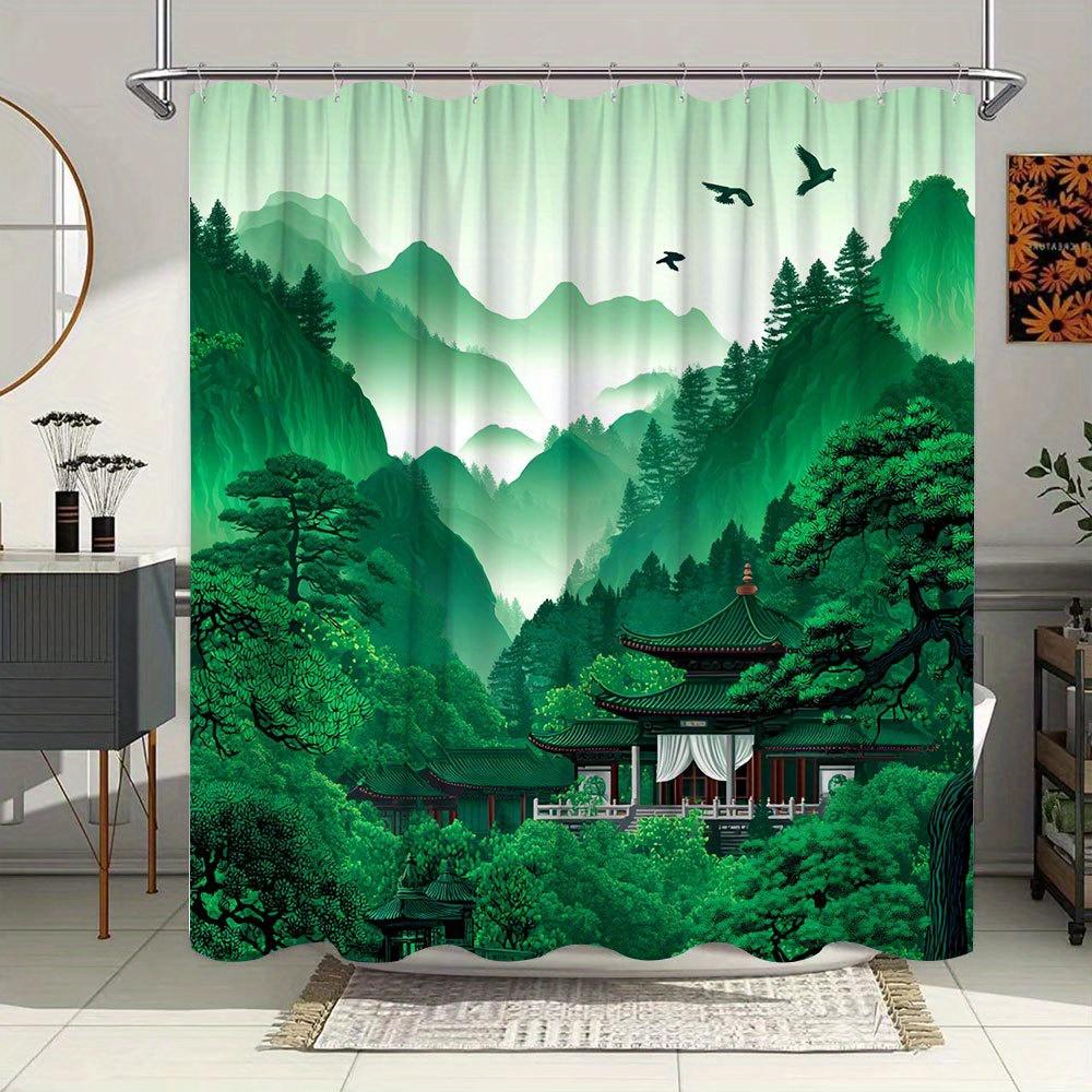 1pc Chinese Garden Shower Curtain - Tiered Pagoda, Misty Mountains & Flying Birds Design, Lush Greenery, Traditional Asian Lands