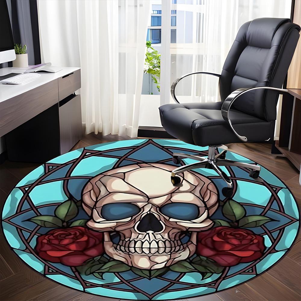 1pc Skull Gothic Rose Design Chair Carpet for Office, Round Non-Slip Durable Large Size Office Carpet, Suitable for Office, Beautiful Decoration