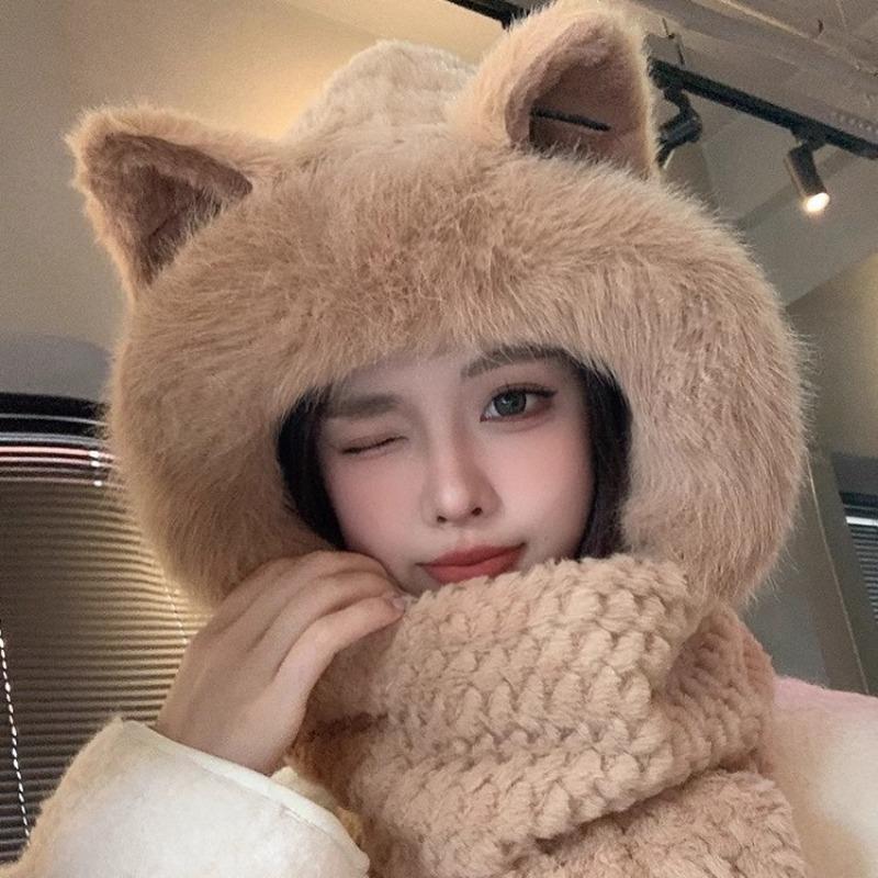Plush hat women's winter new cute plush warm plush hat scarf gloves integrated hat