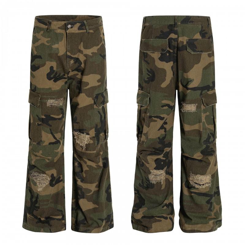 Pantaloni Cargo Mimetici Uomo Donna Con Buchi Usurati Multi-Tasca Vestibilità Rilassata Stile Workwear Pantaloni Streetwear Abbigliamento Casual