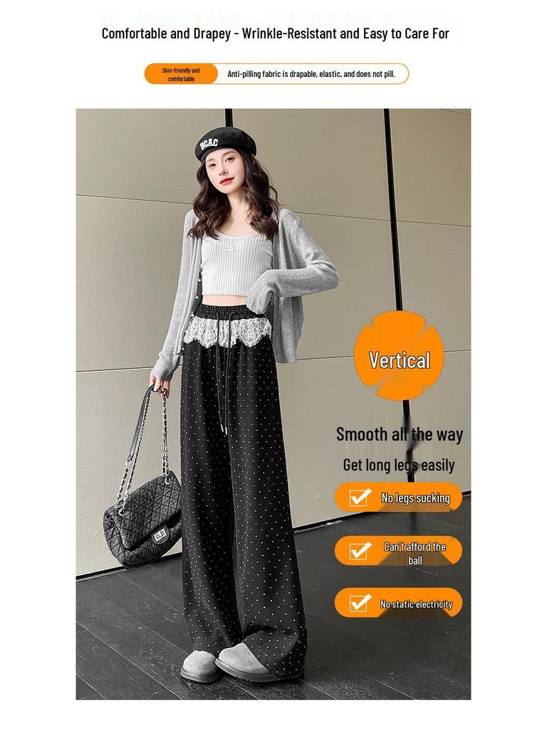 Spring 2025 Women's High-Waist Polka Dot Wide-Leg Sweatpants with Lace Trim