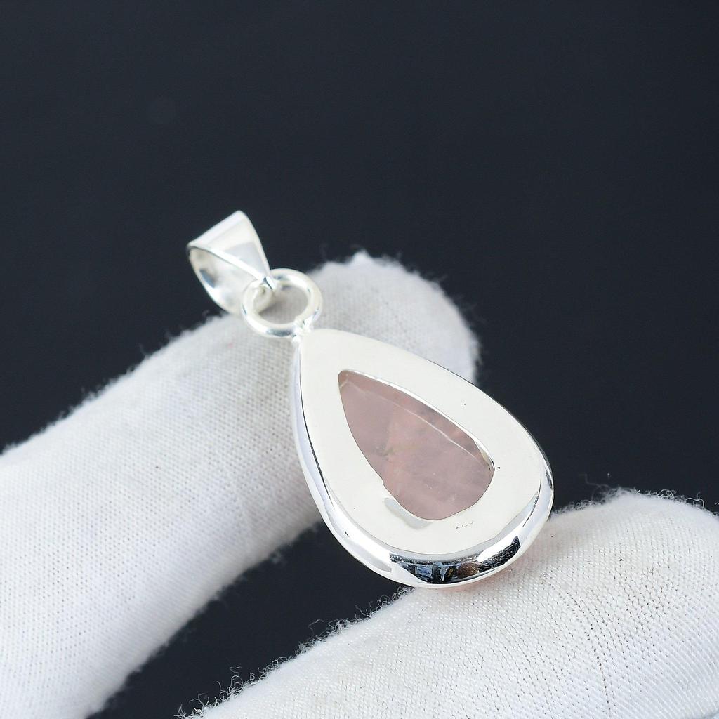 Natural Rose Quartz Gemstone Silver Pendant In 925 Sterling Silver- Handmade Design, Everyday Wear Jewelry, Unique Pendant Birthday Gifts