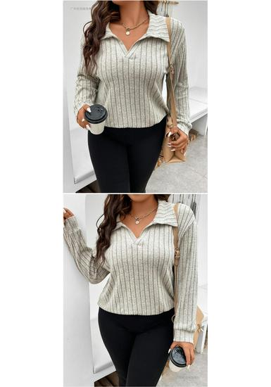 2026 Autumn/Winter Plus Size Women's V-Neck Long Sleeve Ribbed Brushed Loose Top