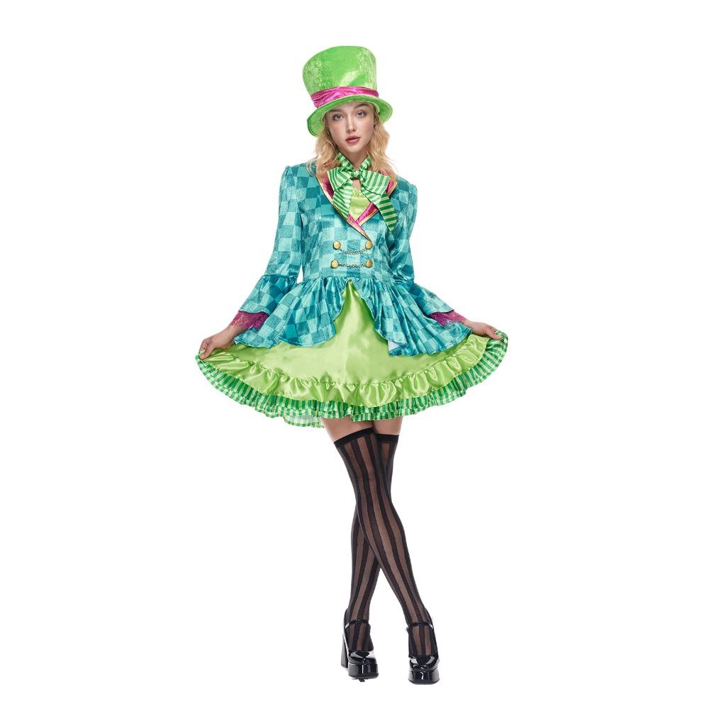 Women Alice In Wonderland Mad Hatter Halloween Costume Adult Medieval Mad Tea Party Cosplay with Bowtie Top Hat