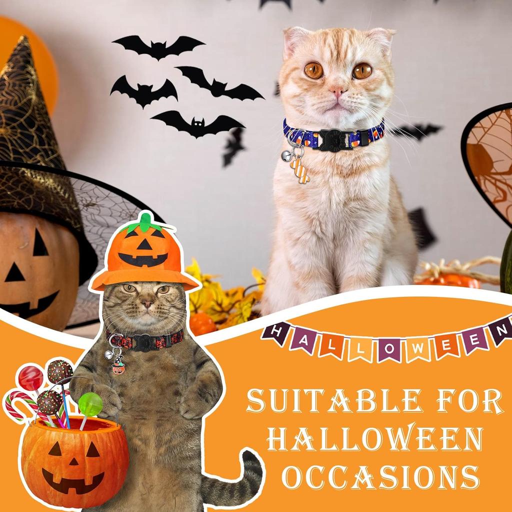 Sanwuta 8 Pcs Halloween Cat Collar Breakaway with Bell Cute Adjustable Kitten Halloween Collars with Pendant Pumpkin Ghost Breakaway Kitten Collar