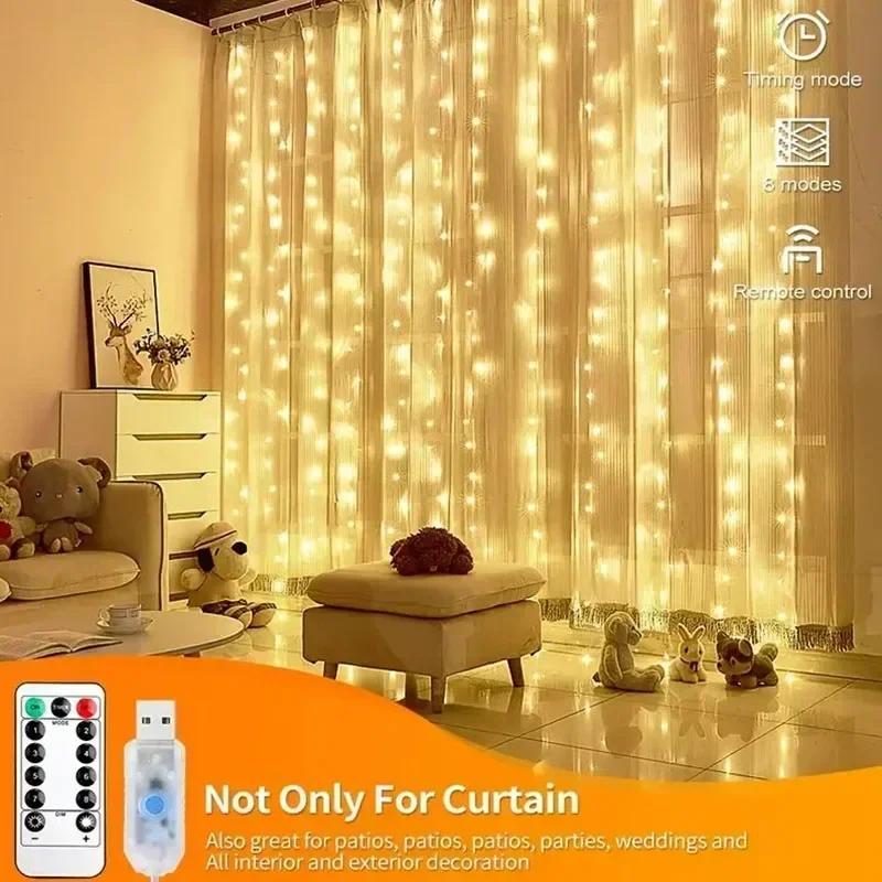 USB 3x1M Curtain String Lights 100 LED Fairy Lights with Remote Control 8 Modes Copper Wire for Room Window Christmas Wedding Party Decor