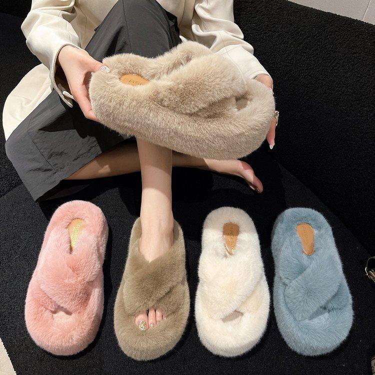 Thick-bottomed fluffy slippers for women to wear new home thermal cotton slippers
