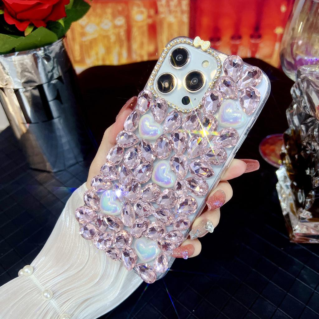 For iPhone 15 Pro Max Case Glass Rhinestone Heart Shape Decor TPU Phone Back Cover