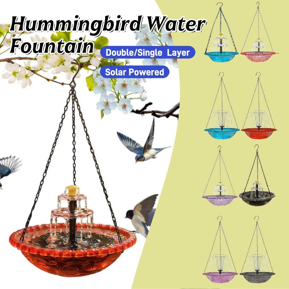 Hanging Birds Bath with Solar Fountain Pump Outdoor Garden Hummingbird Feeder Tray Water Fountain Birdbath Bowl