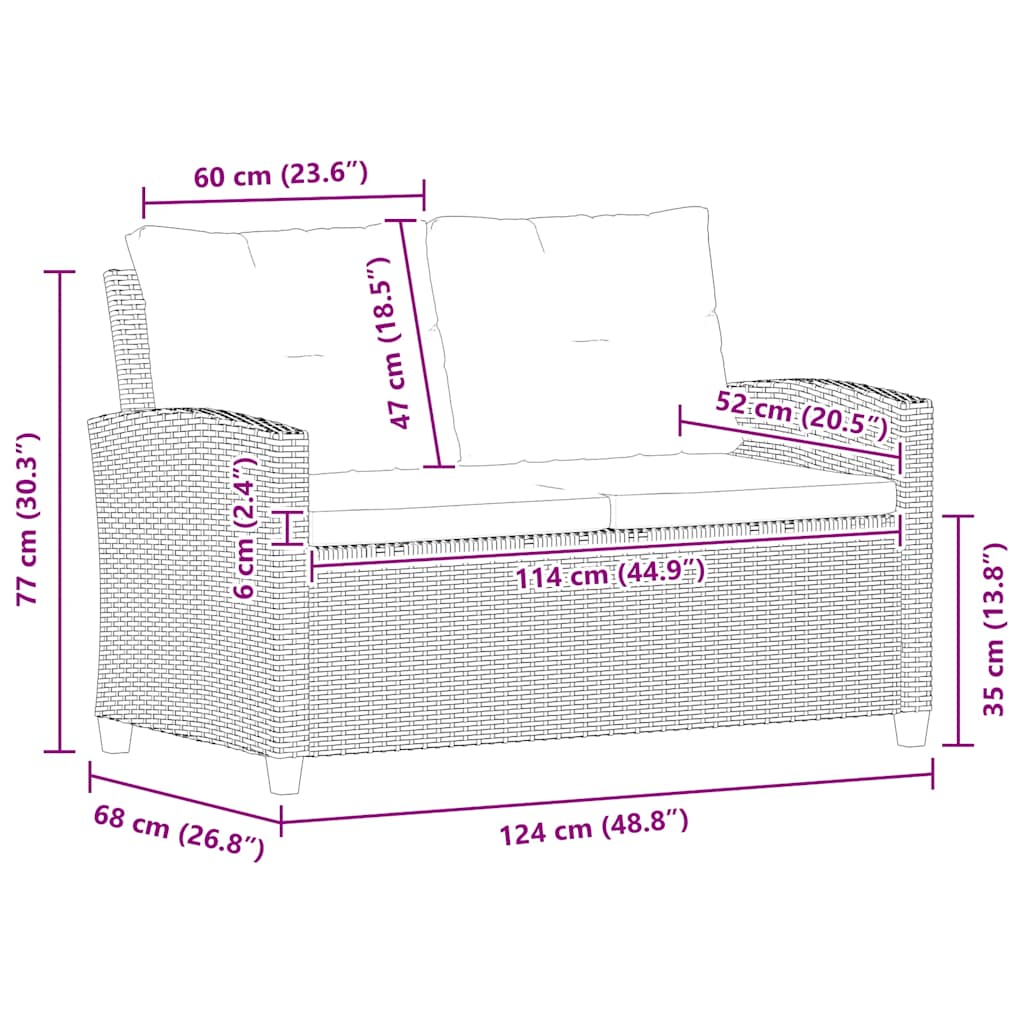 2 Seater Garden Sofa with Cushions Black 124 cm Poly Rattan