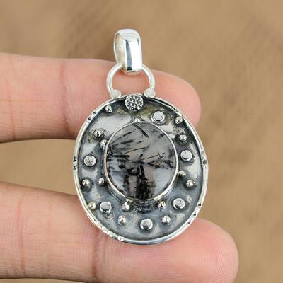 Mothers Day Sale 925 Silver Black Rutile Gemstone Trendy Ethnic Birthday Pendant