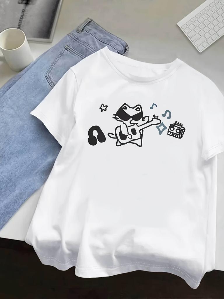 Cute cat playing the guitar casual shortsleeved summer street style top fashionable Tshirt