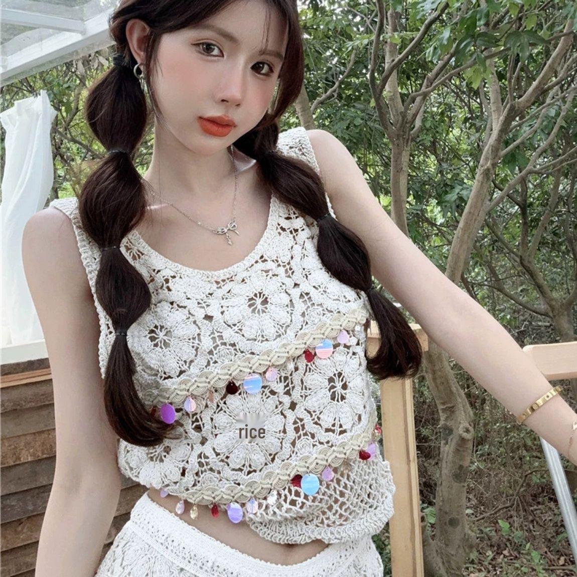 Bohemian Ethnic Knit Crochet Vest & High-Waisted Shorts Two-Piece Set for Women One Size