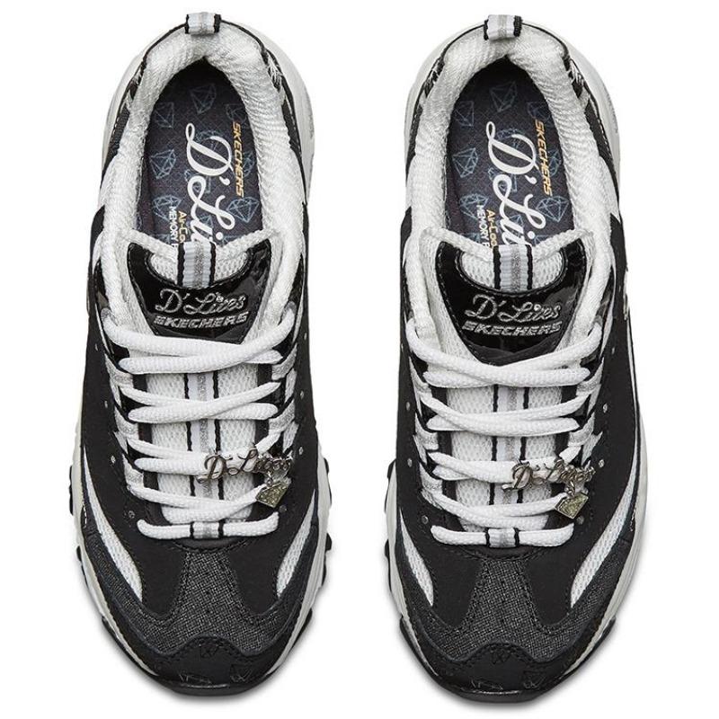 Skechers D'LITES 1.0 Women Panda Shoes 10th Anniversary Diamond Print Thick Sole Height Boost Low Top Sneakers Black White 12241-BKW