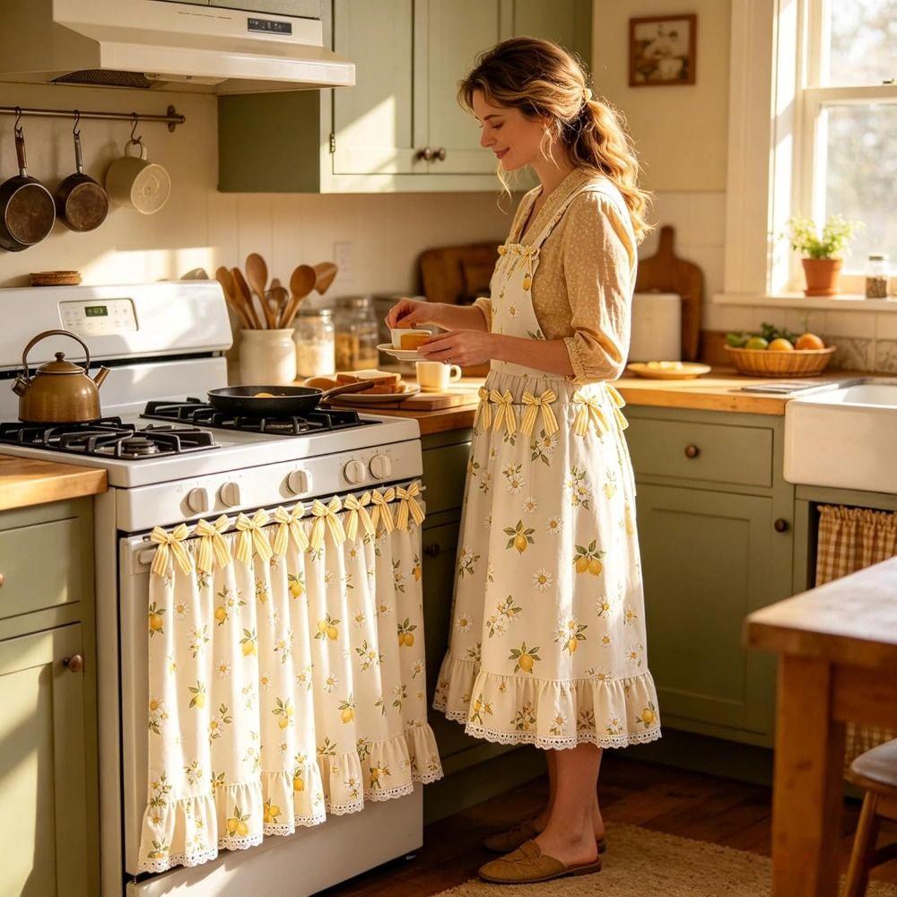Cotton Blend Stove Cover Skirt Charming Farmhouse Stove Skirt Rustic Oven Curtain  Home