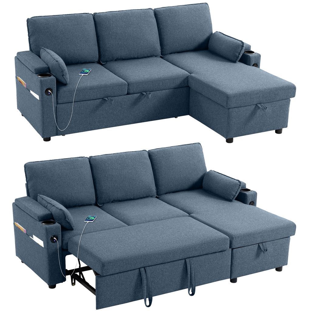 Corner Sofa Bed, L Shaped Sleeper Sectional Sofa with Reversible Storage Chaise, Blue
