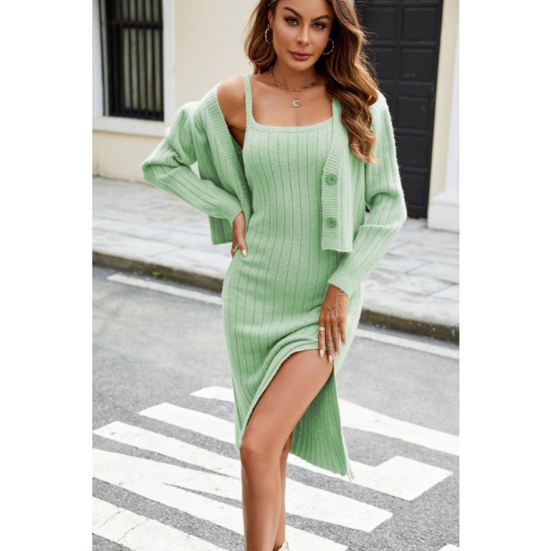 

Вязаное платье осень-зима из двух частей, однотонный кардиган с халтером, вязаный комплект с длинными рукавами, удобный, универсальный и модный S светло-зеленый